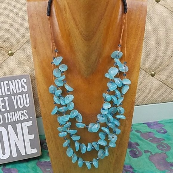 Aqua Blue Tiered Statement Necklace Layered Beads Preppy Boho Colorful Vacation - Picture 5 of 5